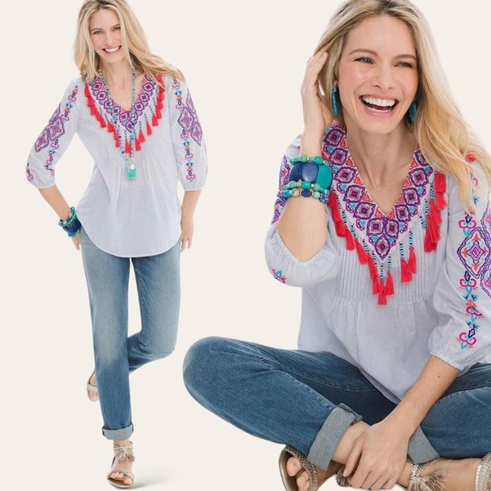 Chico's Women's Blue Embroidered Tassle Blouse Top size 1